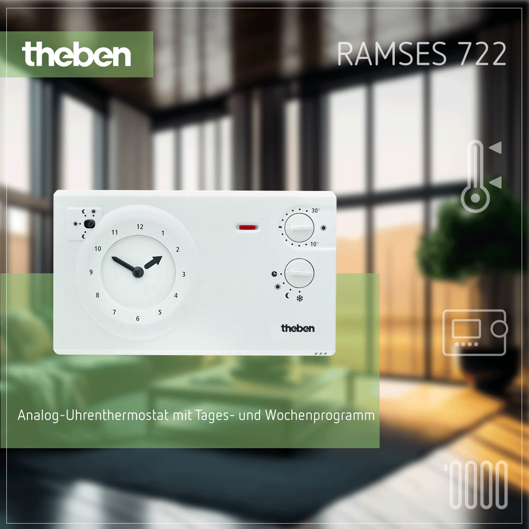 Theben RAMSES 722 – Analog-Uhrenthermostat, 230V, für zeitabhängige Raumtemperaturregelung, Tages-/Wochenprogramm