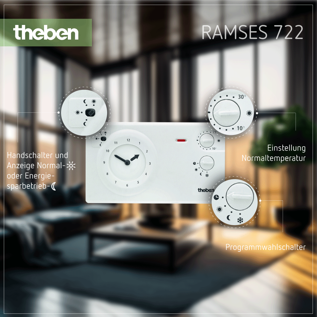 Einfache Bedienung: Theben RAMSES 722 – Analog-Uhrenthermostat, 230V, für Tages- und Wochenprogramme