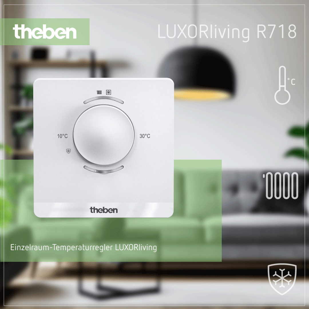 Theben LUXORliving R718 Raumtemperaturregler für präzise Temperaturkontrolle in Innenräumen