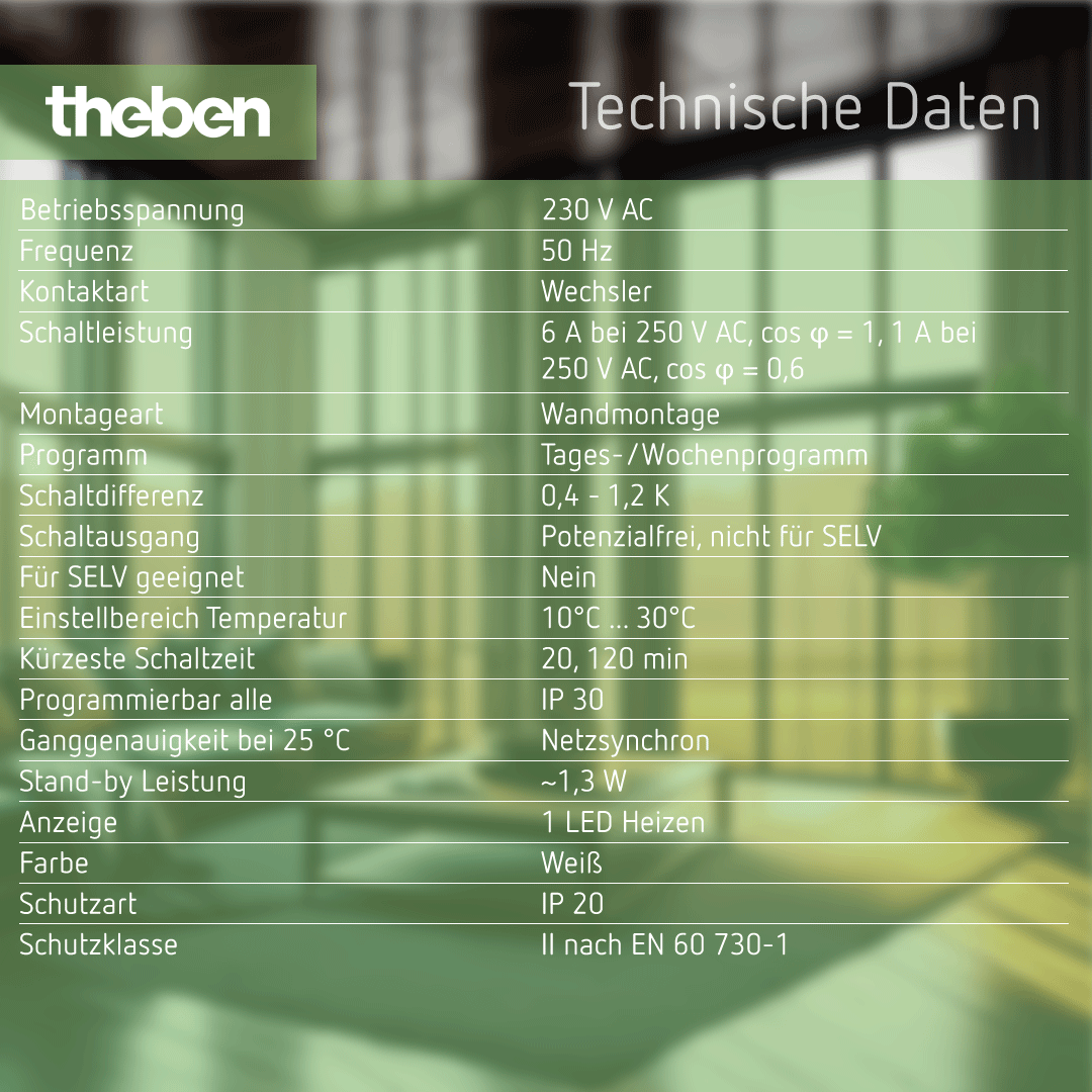 Datenblatt Theben RAMSES 722 – Analog-Uhrenthermostat, 230V, Tages- oder Wochenprogramm, technische Details