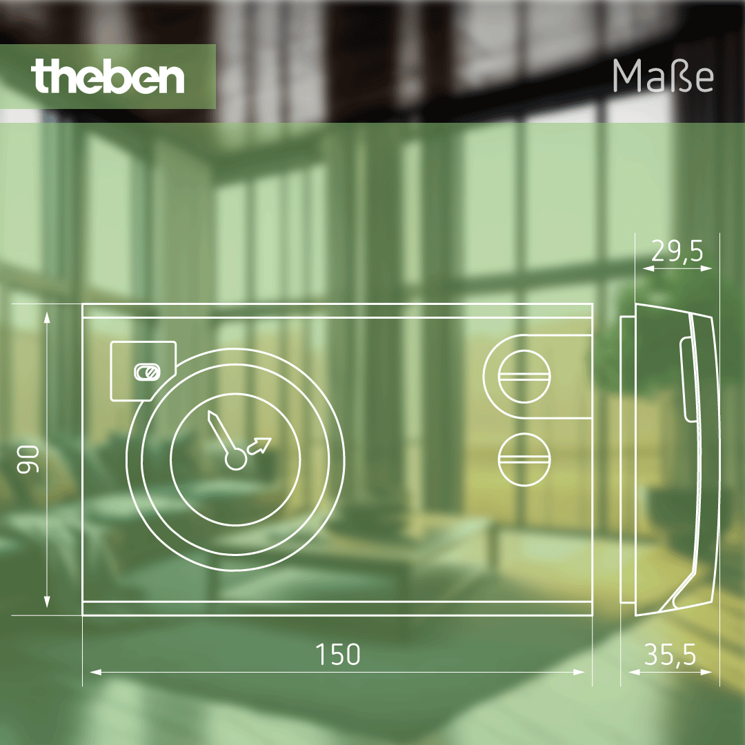 Maßblatt Theben RAMSES 722 – Analog-Uhrenthermostat, 230V, Maße und technische Spezifikationen für Installation