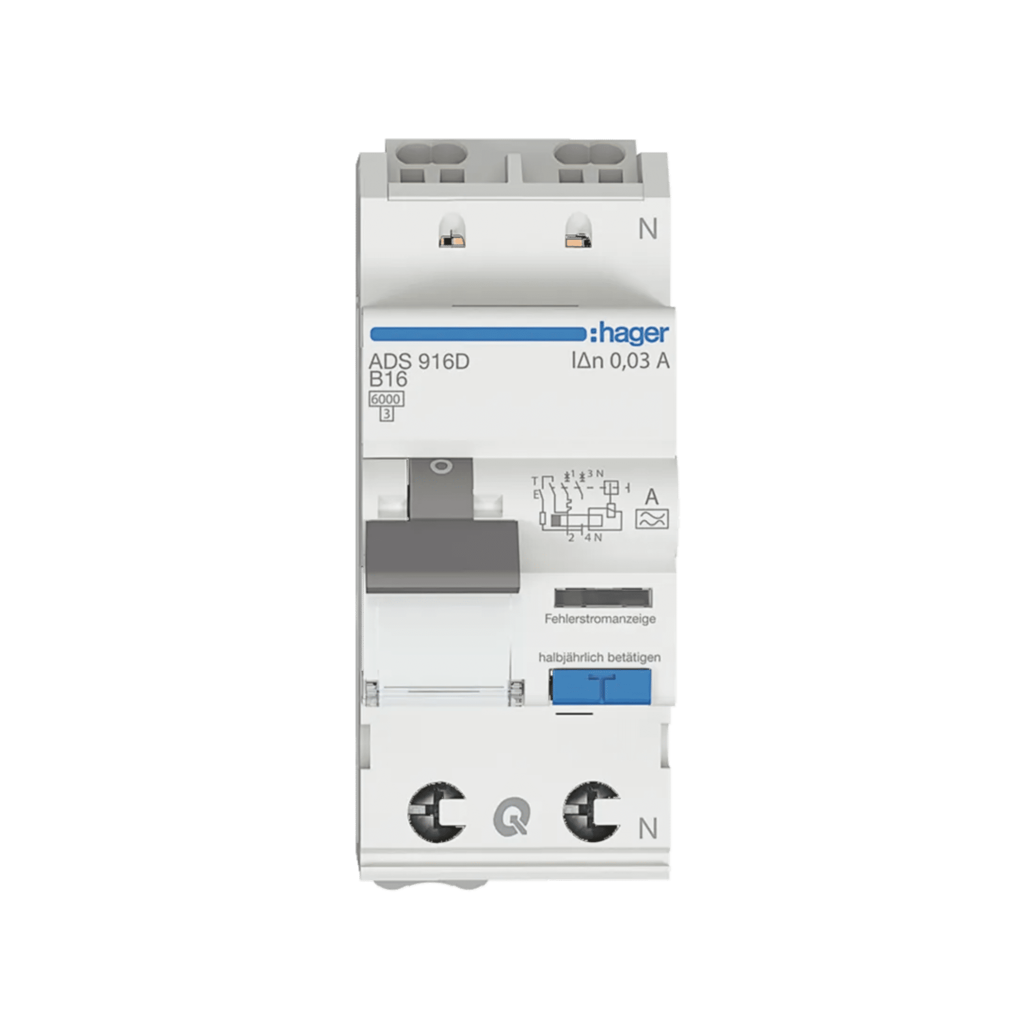 Hager ADS916D FI/LS-Schalter 1P+N, 6kA, B-Charakteristik, 16A, 30mA, Typ A, QuickConnect, Fehlerstrom-Leitungsschutzschalter