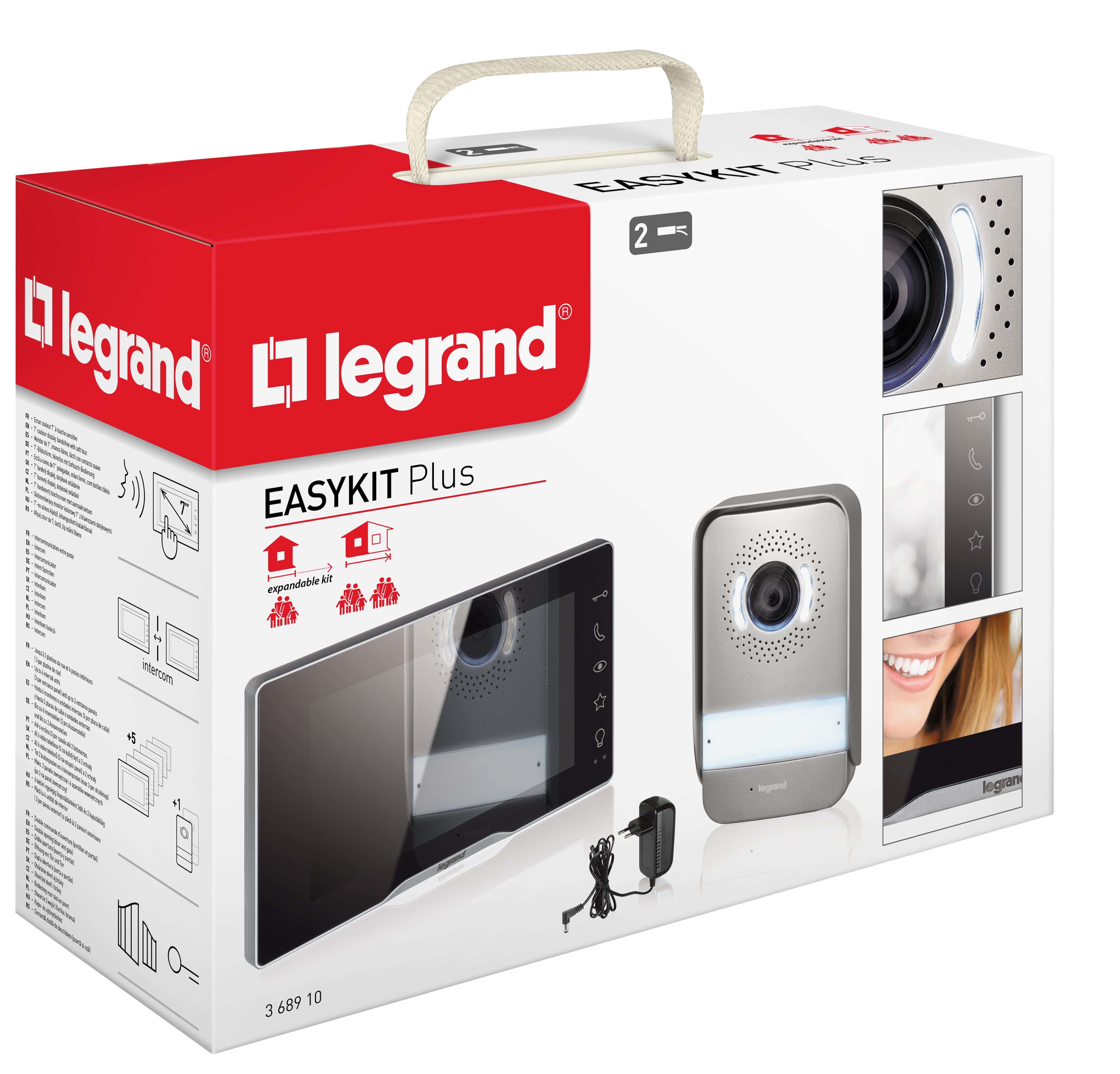 Legrand 368910 EASYKIT Plus Video-Türsprechanlagen-Set mit 2-Draht-Anschluss, 7"-Farbmonitor-verspiegelt & Weitwinkelkamera, 1-/2-Familienhaus-Set, Steckernetzgerät, schwarz