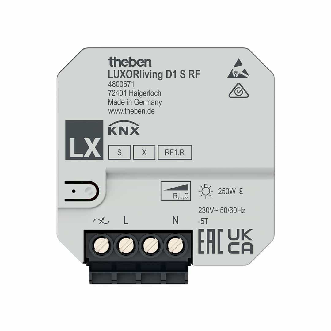 Theben 4800671 LUXORliving D1 S RF, 1-Kanal Funk-Universal-Dimmaktor, Unterputz, Einstellbare Dimmkurve, Automatische Lasterkennung