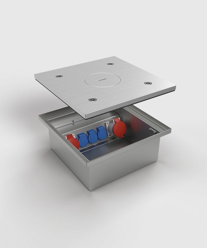 BS 6523Q-1-3 CEE-Bodentank, 5-fach, eckig, verschließbar, aufl. Deckel aus Aluminium, Tubus, IP65, 1x CEE 5/16A, 1x CEE 5/32A, 3x Schutzkontakt-Steckdose