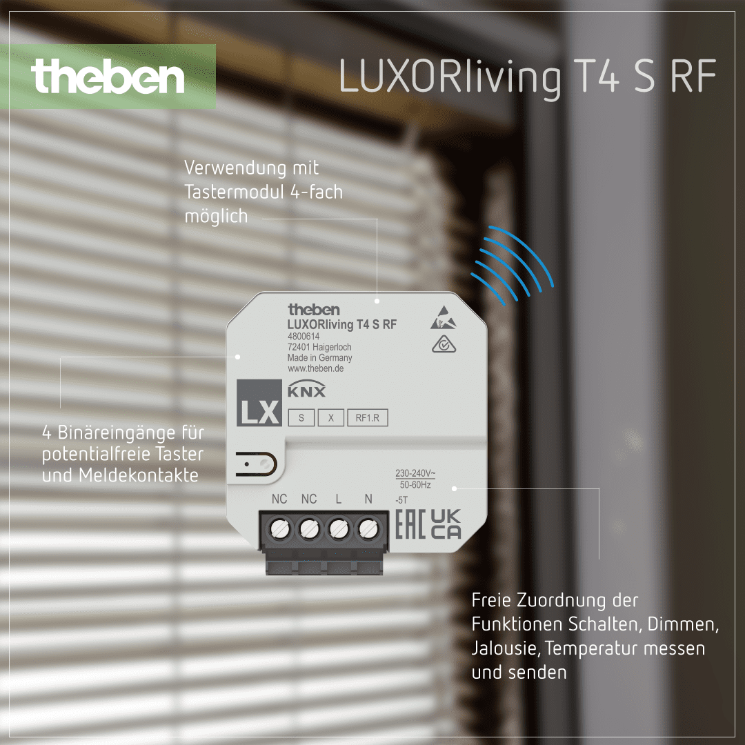 Produktdetails zur Theben LUXORliving T4 S RF 4-fach UP Funk-Tasterschnittstelle, kabellos