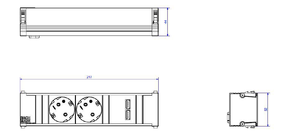 Bachmann 912.0156 CONI Steckdoseneinheit 2 Schutzkontaktsteckdosen, 1 USB Doppelcharger 2.0 5,2V / 2,15A, Zuleitung 0,2m H05VV-F3G1,5qmm, GST18 Stecker