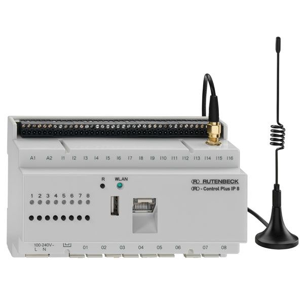 Rutenbeck 700802611 IP-Schaltaktor/Sensor, 8 x 16 A, 2 A/D-Eingänge, mit Netzwerkanschluss und integriertem WLAN-Accesspoint, REG-Montage, lichtgrau