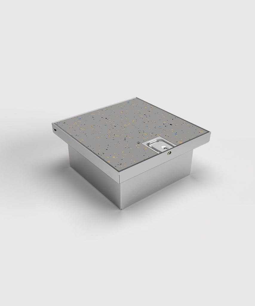 BS 2003B-2-0 Bodentank, 3-fach, eckig, Klappdeckel aus Edelstahl, belegbar, IP54, 2x Schutzkontakt-Steckdose, 1x RJ45 2-fach