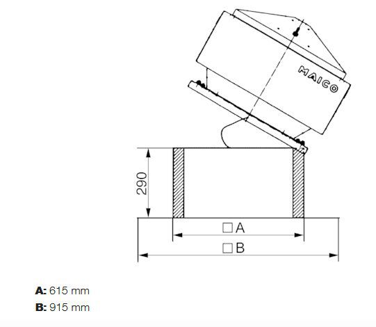 Maico SOK 31 Flachdachsockel zur Montage von Dachventilatoren, mit Kippvorrichtung zum Wegklappen des Ventilators bei Arbeiten an der Lüftungsleitung, DN 315 mm