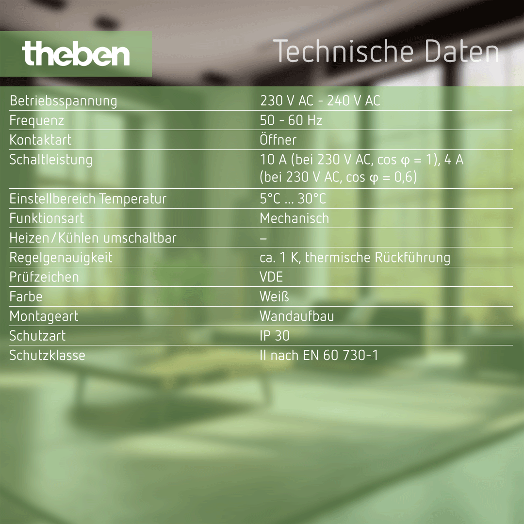 Datenblatt Theben RAMSES 701 – Raumthermostat, thermische Rückführung, 230V, technische Details