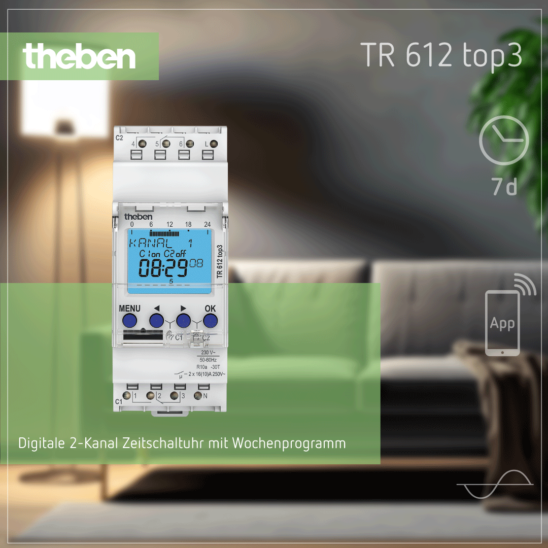 Theben TR 612 top3 – Digitale Zeitschaltuhr, Wochenprogramm, 2 Kanäle, 56 Speicherplätze