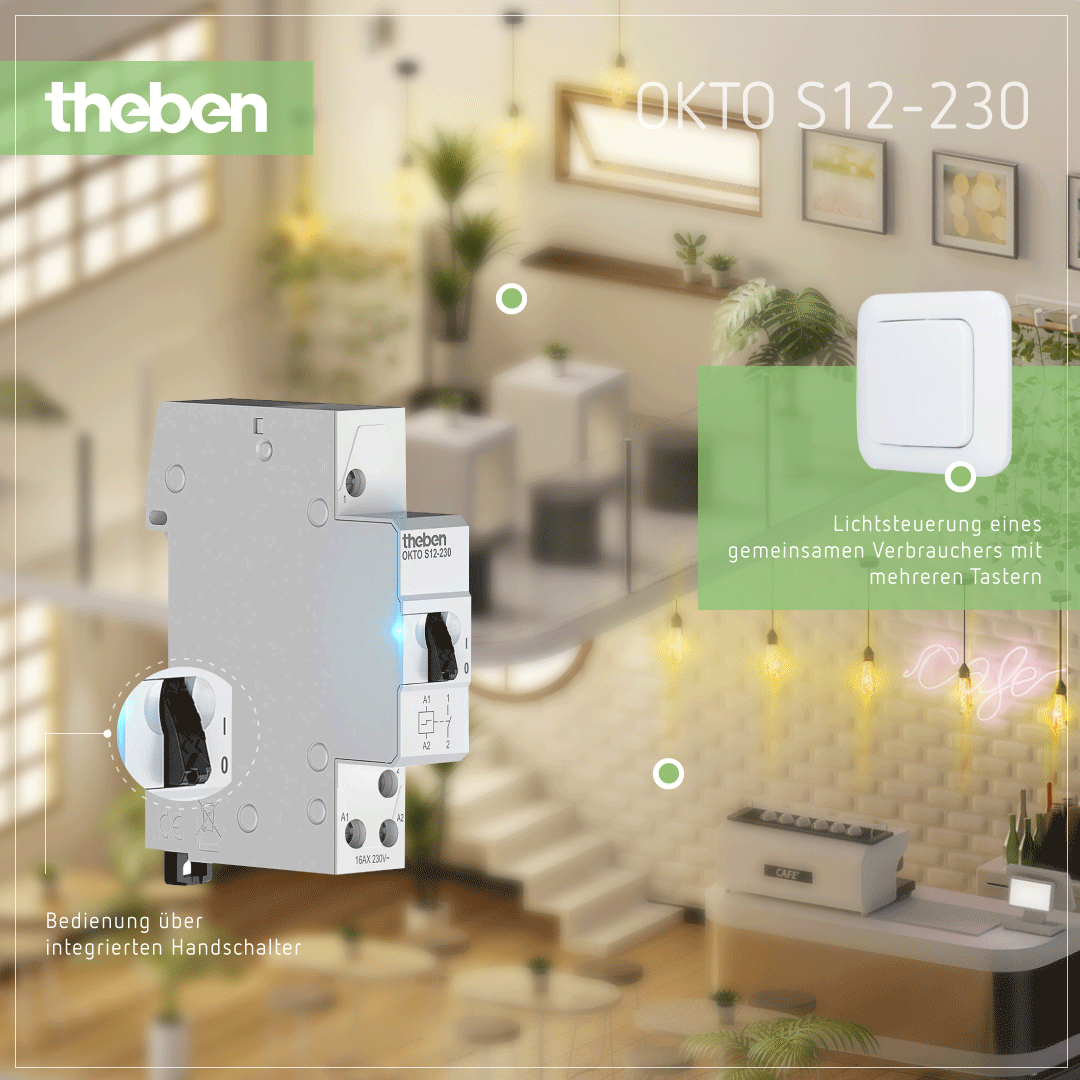 Einfache Bedienung: Theben OKTO S12-230 – Elektromechanischer Stromstoßschalter für mehrere Taster