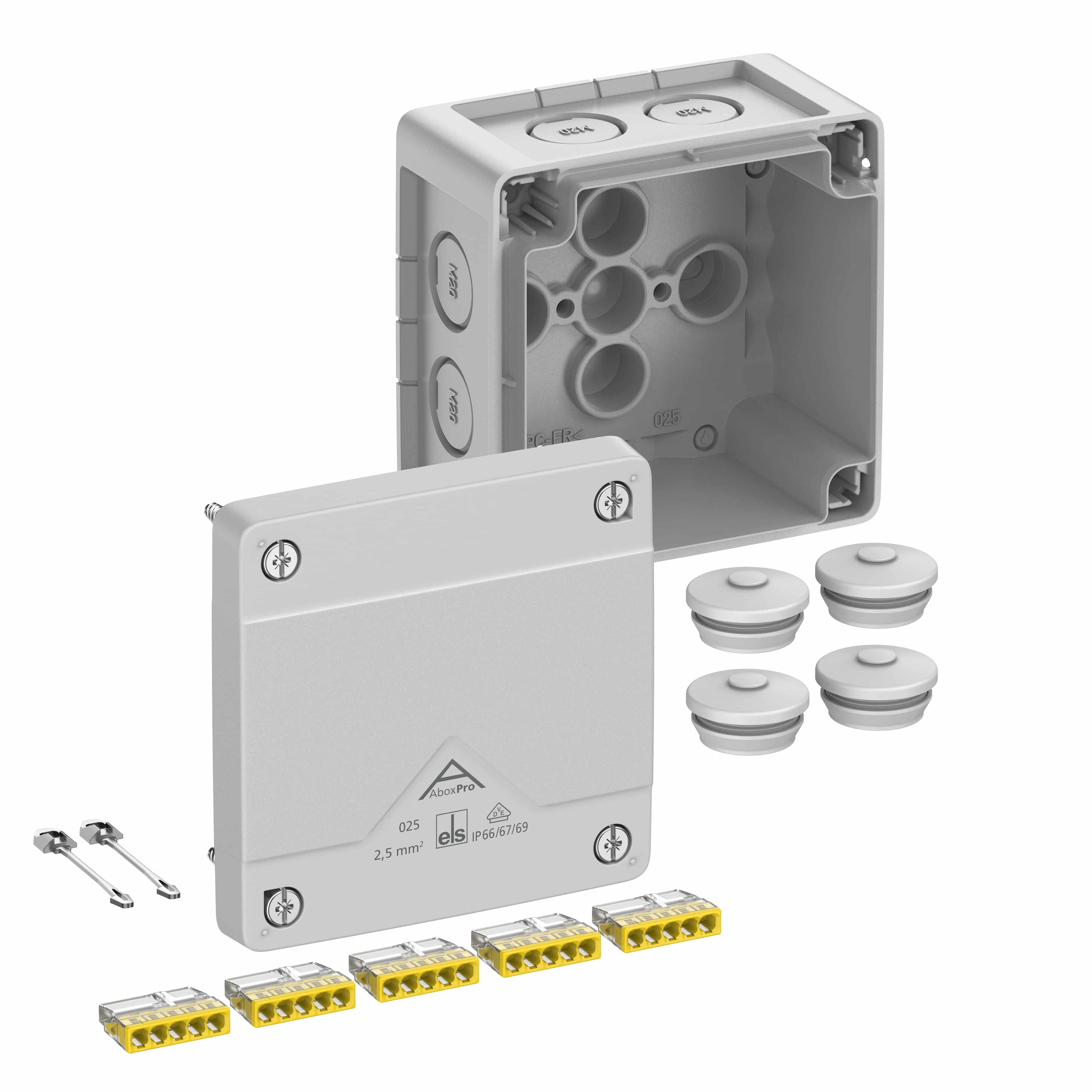 Spelsberg 40242001 Abzweigkasten, Schutzart IP66/IP67/IP69, max. 2,5mm², Schlagfestigkeit IK09, Schutzklasse II, Ui 450V AC, Ui 450V DC, DLG, DNV, VDE, halogenfrei