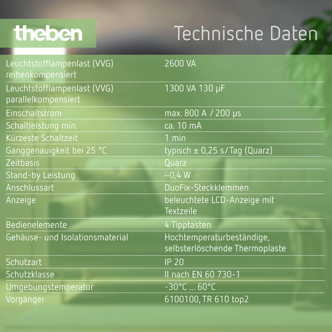 Datenblatt Theben TR 610 top3 – Digitale Zeitschaltuhr, Wochenprogramm, 1 Kanal, 56 Speicherplätze