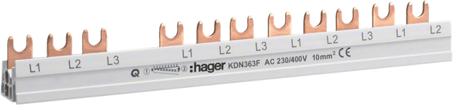 Hager KDN363F Phasenschiene, Kammschiene, 3-polig, mit Gabelanschluss, 10mm², 63A, 12 Module, 3P +N, für 1FI + 8LS