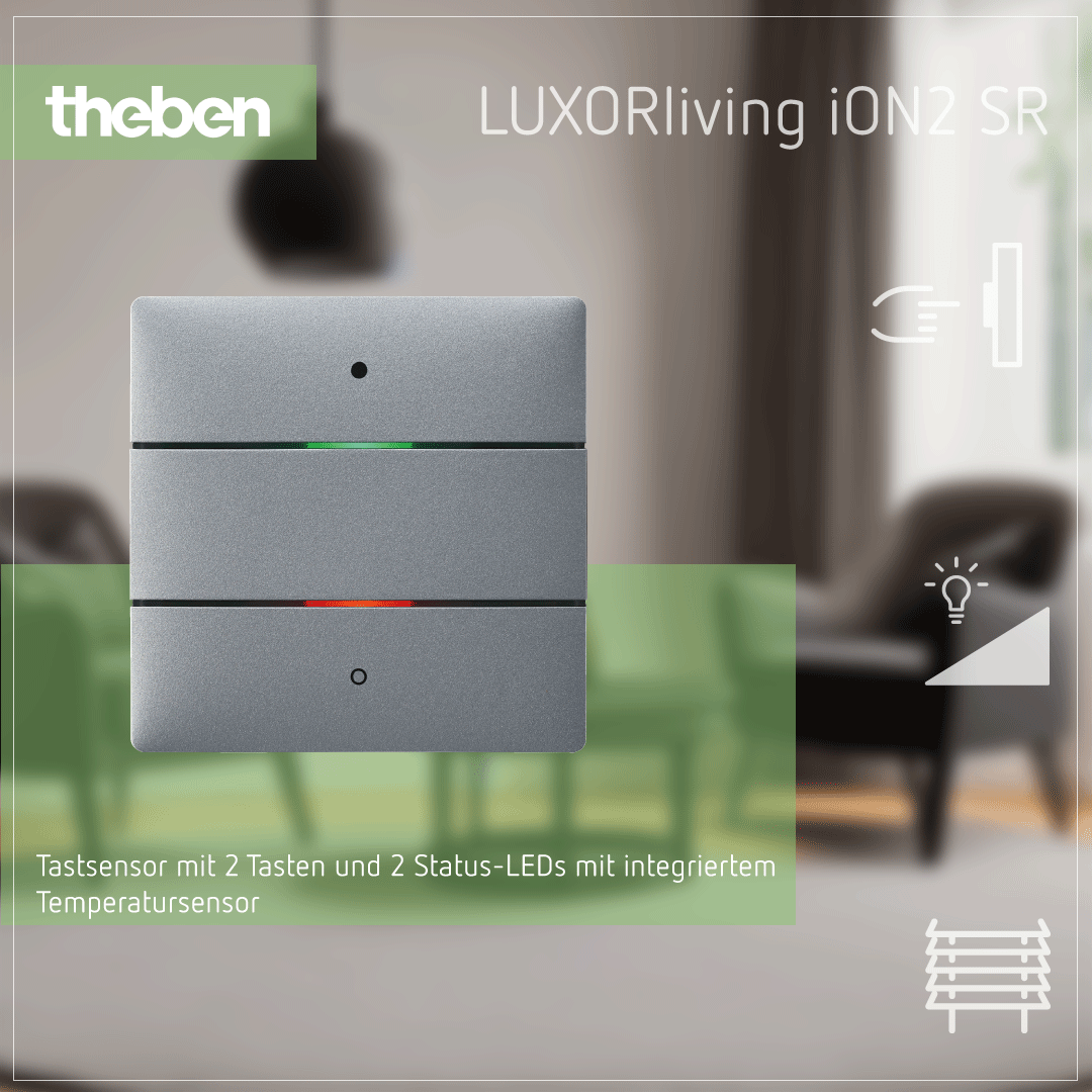 Theben LUXORliving iON2 SR Tastsensor mit 2 Tasten, 2 Status-LEDs und integriertem Temperatursensor in Silber