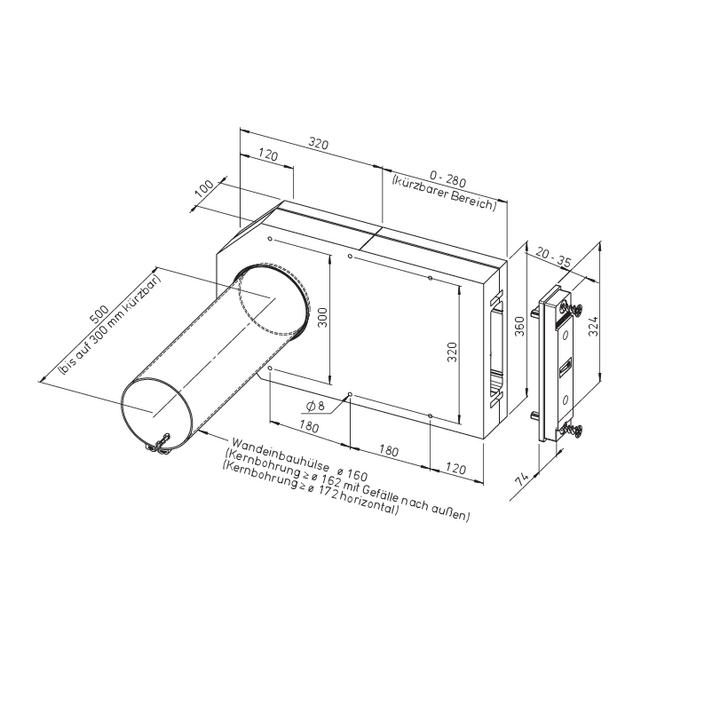 Helios WL 45-160 LE-RP Rohbaupaket mit Laibungskanal und Wandeinbauhülse  für dezentrales Lüftungsgerät KWL EC 45