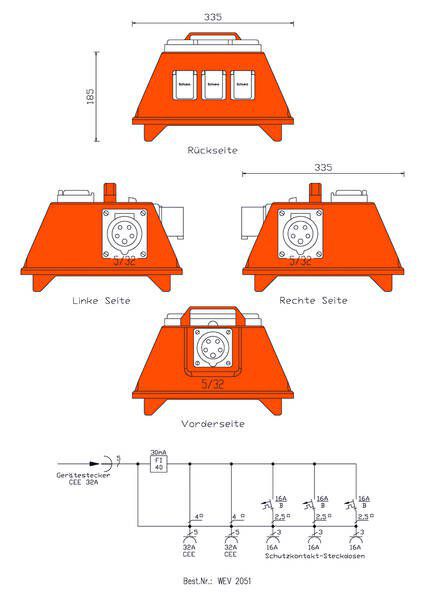 Walther WEV2051 Endverteiler Hart-Polyäthylen 22kVA, CEE-Zugang 32A, 1x RCD, 2x CEE-Abgänge 32A, 3x Schutzkontakt-Steckdosen