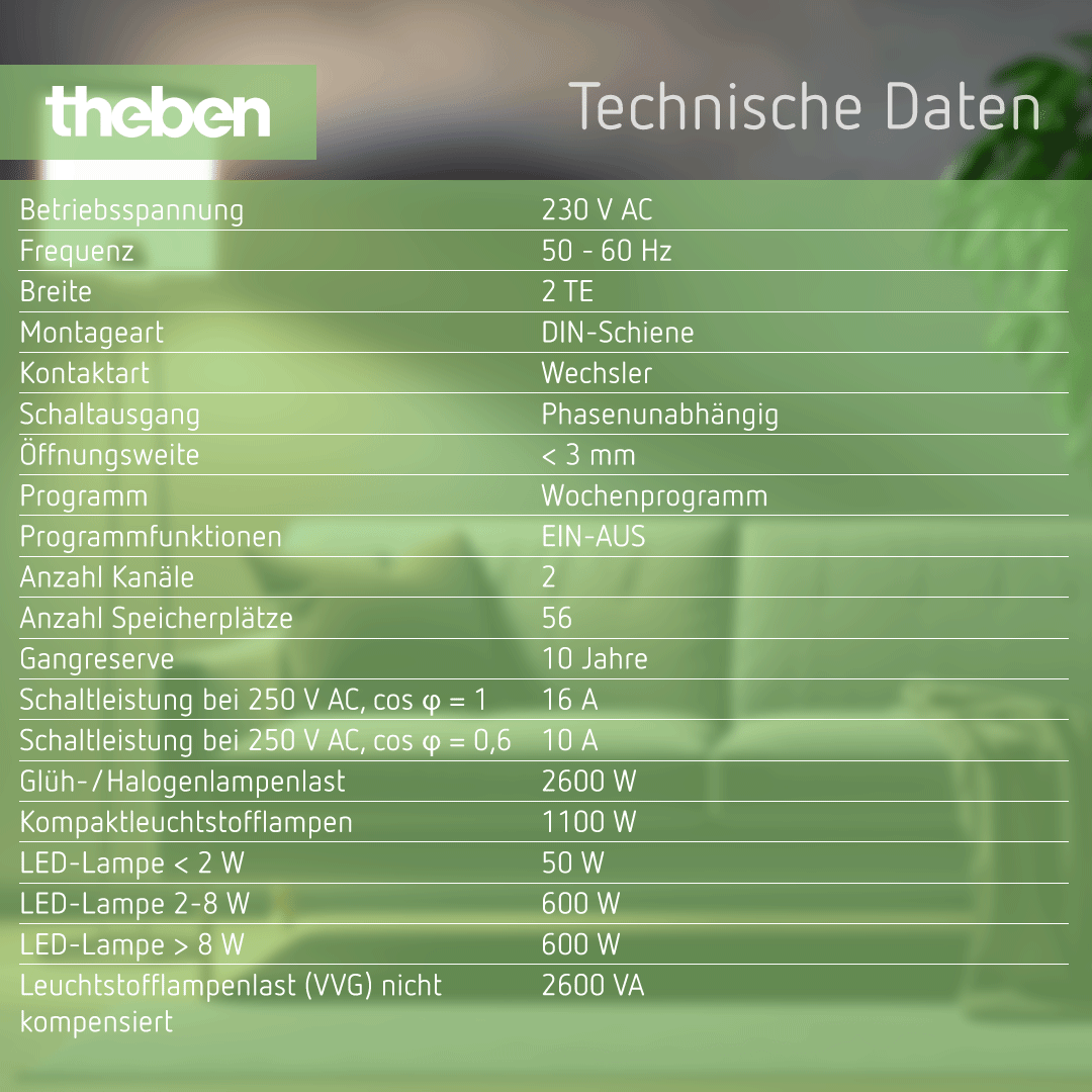 Datenblatt Theben TR 612 top3 – Digitale Zeitschaltuhr, Wochenprogramm, 2 Kanäle, 56 Speicherplätze