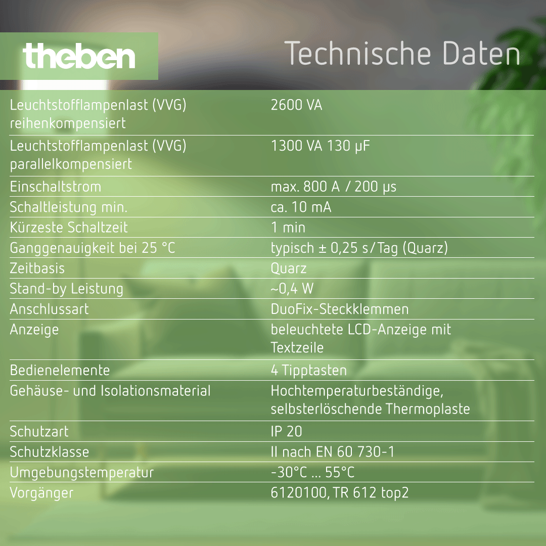 Datenblatt Theben TR 612 top3 – Digitale Zeitschaltuhr, Wochenprogramm, 2 Kanäle, 56 Speicherplätze