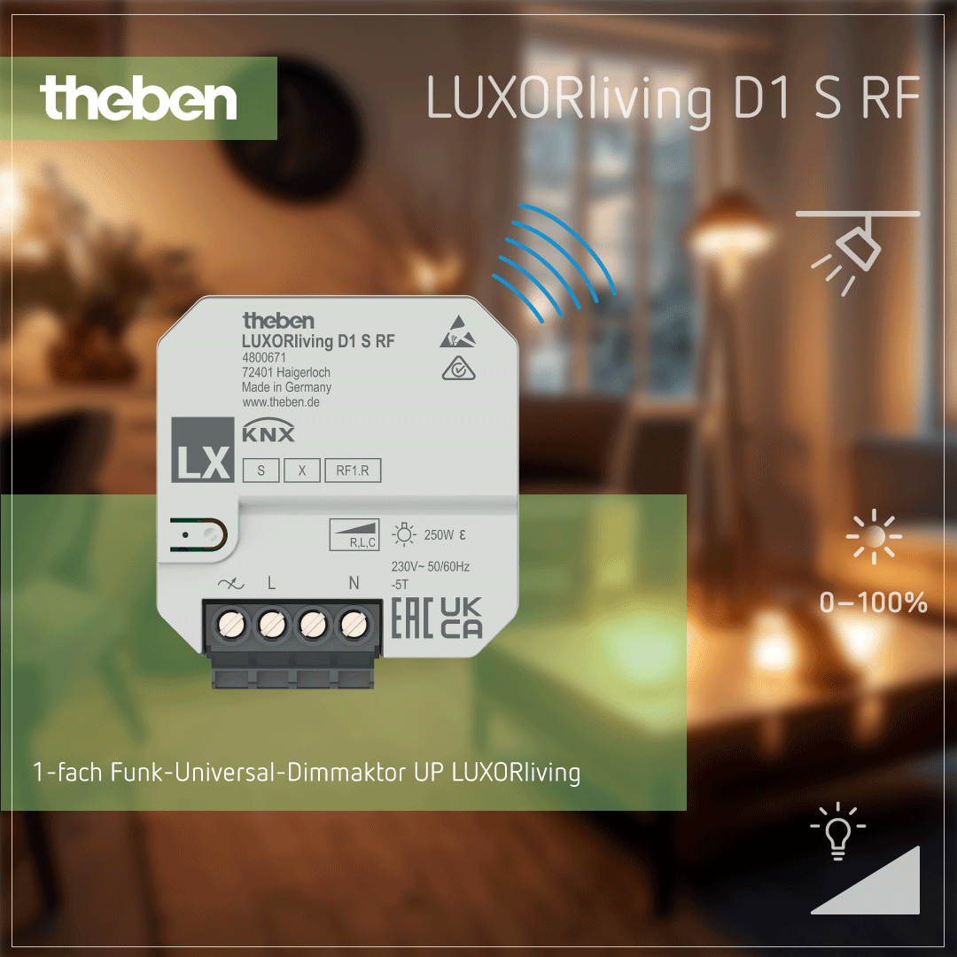 Theben LUXORliving D1 S RF UP-Funk-Dimmaktor zur kabellosen Steuerung von Lichtquellen