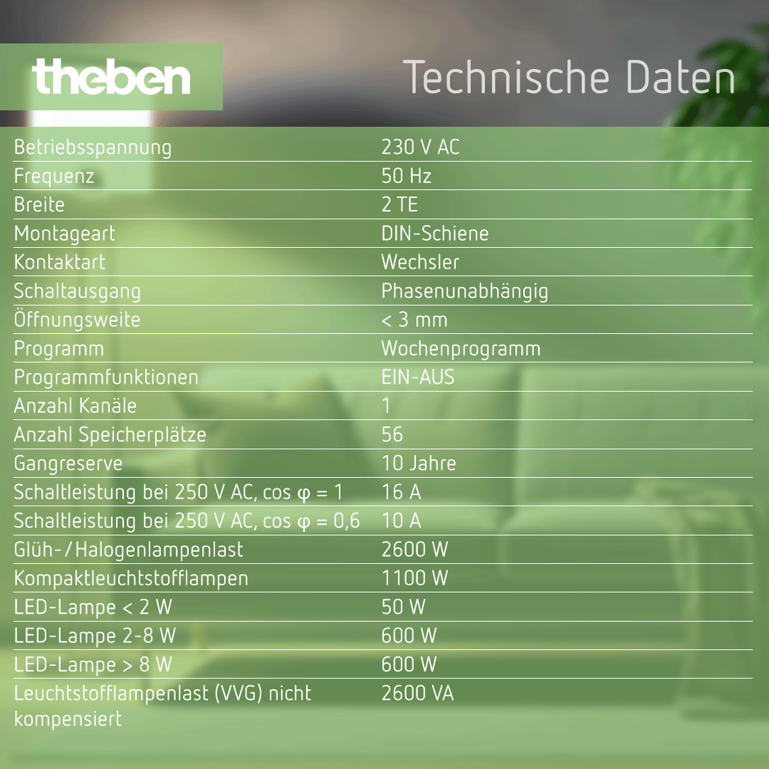 Datenblatt Theben TR 610 top3 – Digitale Zeitschaltuhr, Wochenprogramm, 1 Kanal, 56 Speicherplätze