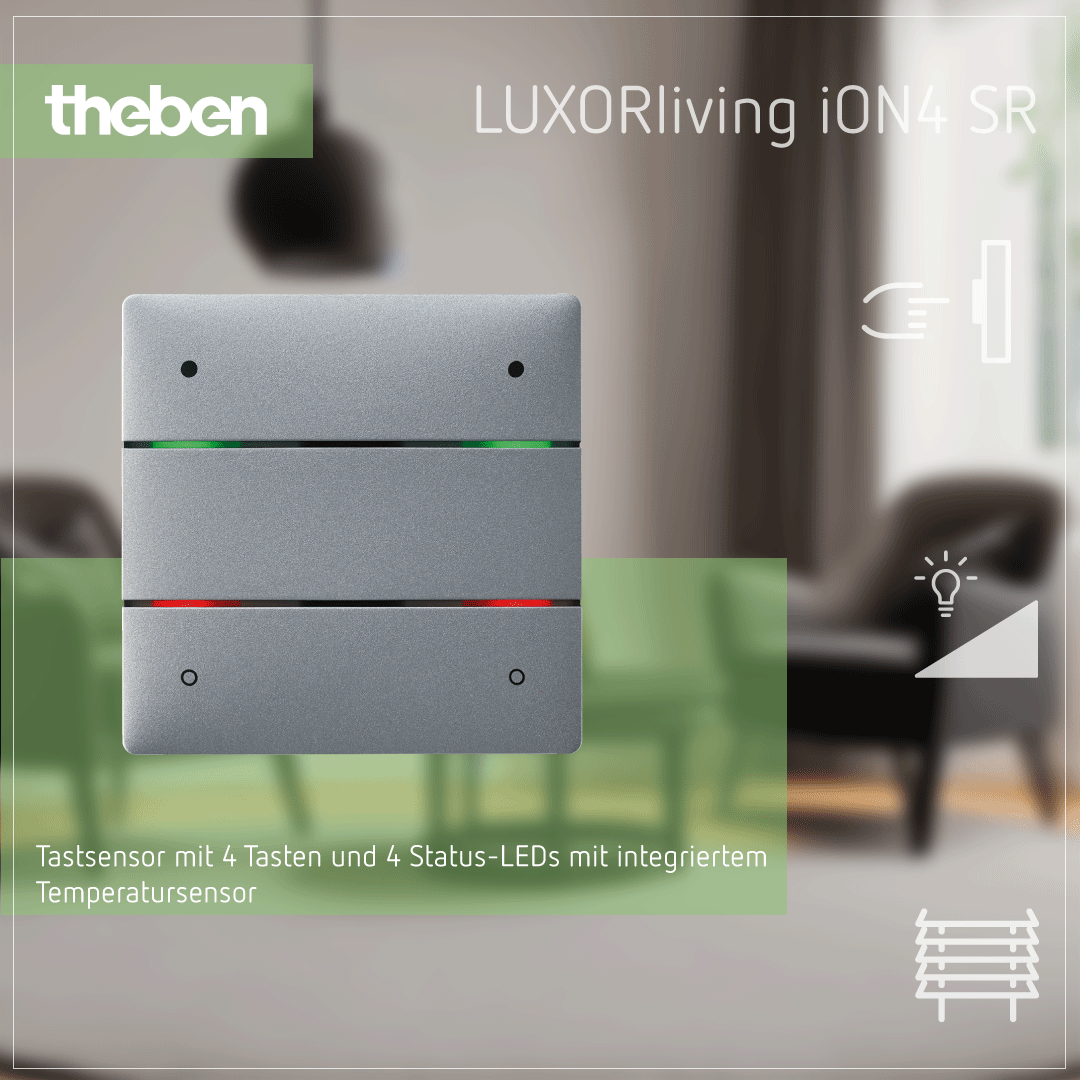 Theben LUXORliving iON4 SR Tastsensor mit 4 Tasten, 4 Status-LEDs und integriertem Temperatursensor in Silber.