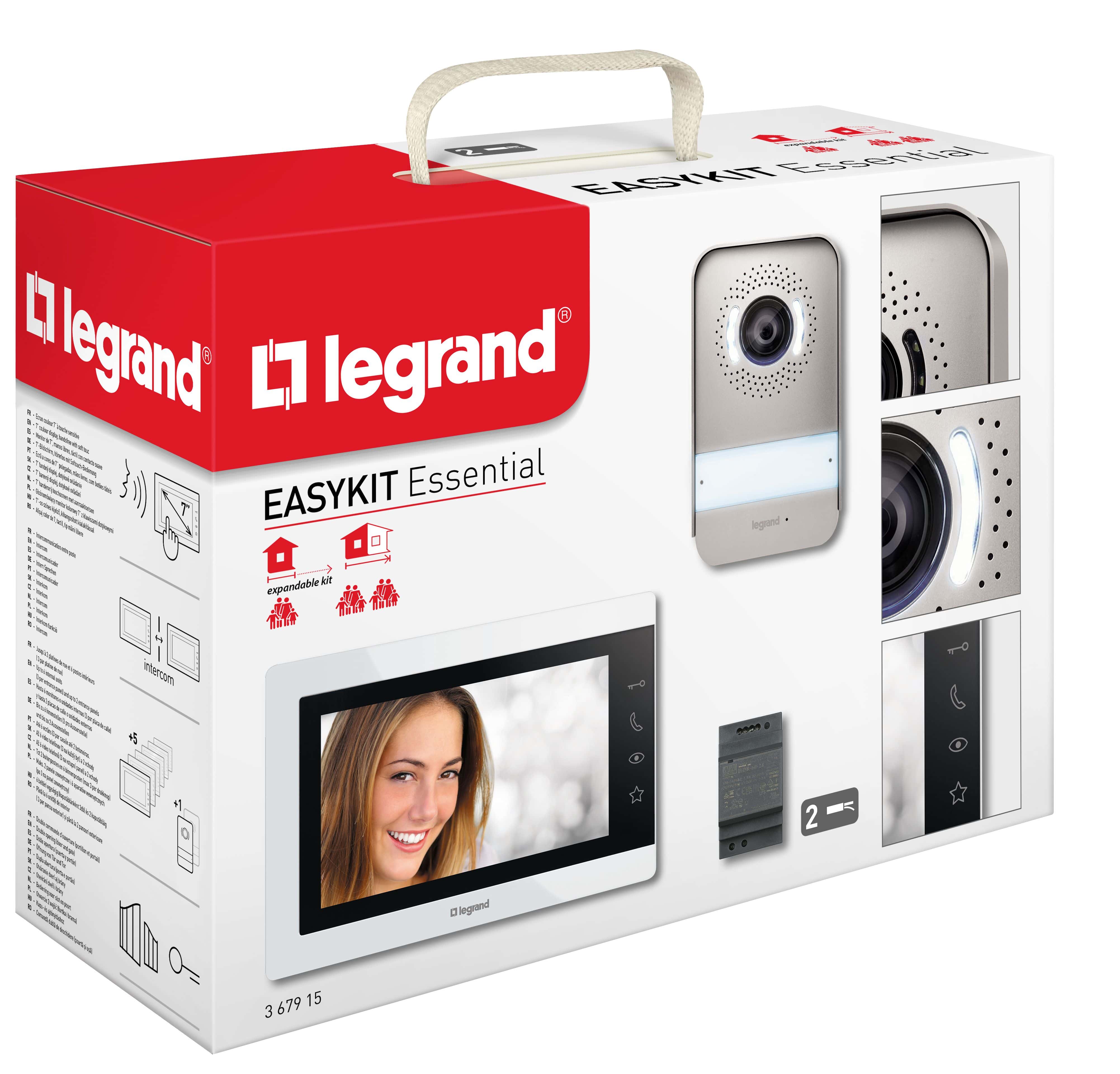 Legrand 367915 EASYKIT Essential Video-Türsprechanlagen-Set mit 2-Draht-Anschluss, 7"-Farbmonitor & Weitwinkelkamera, 1-/2-Familienhaus-Set, Reiheneinbau-Netzgerät, weiß