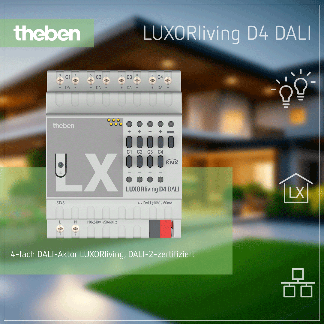 Theben LUXORliving D4 DALI-Aktor zur Steuerung von bis zu vier DALI-Beleuchtungseinheiten im Smart Home