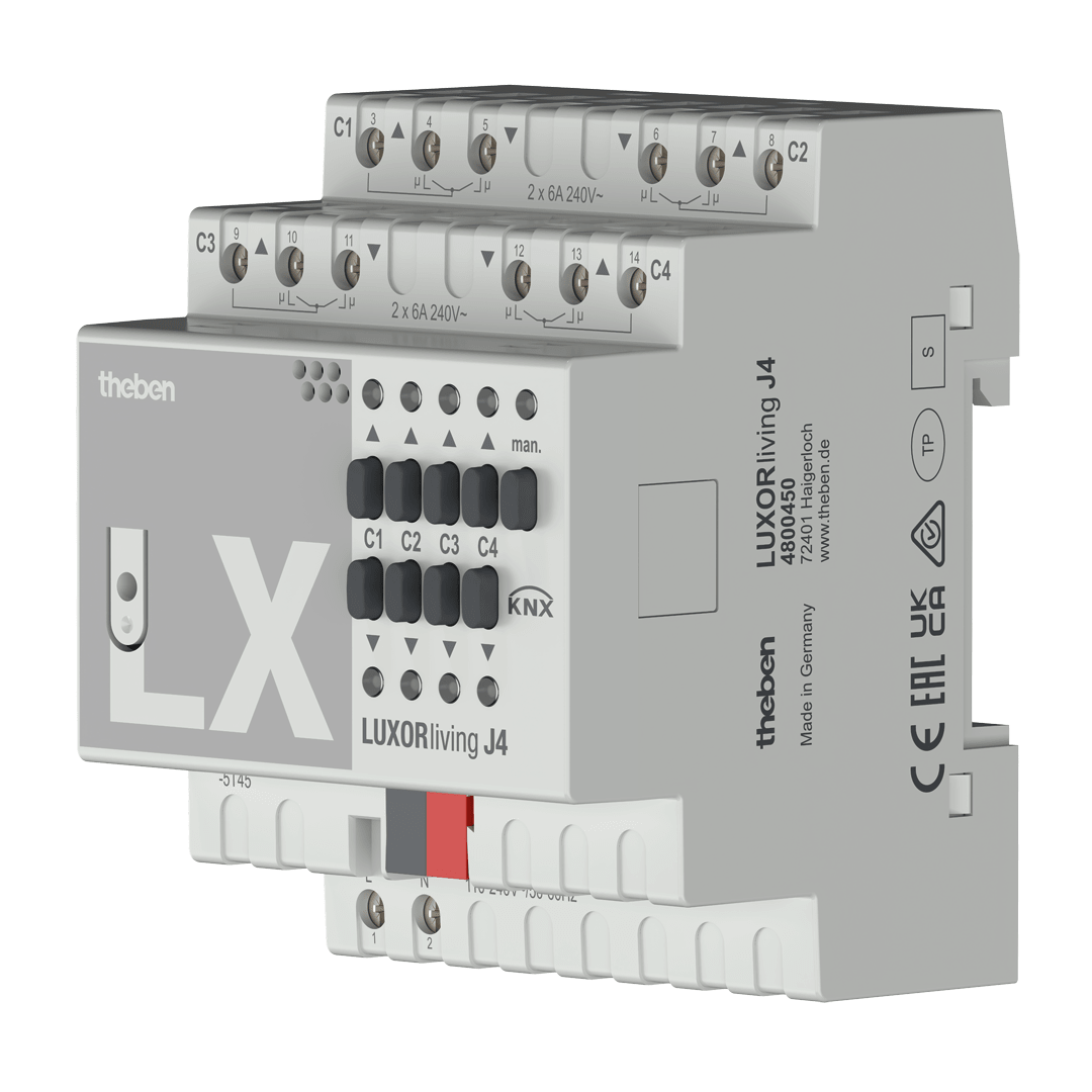 Theben 4800450 LUXORliving J4, 4-Kanal REG-Jalousieaktor, Steuern von Antrieben für Jalousien, Rollladen, Sicht- und Sonnenschutzeinrichten