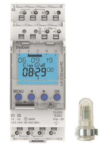 Theben 1220130 LUNA 122 top3 AL Dämmerungsschalter mit Zeitschaltuhr, Aufbau-Lichtsensor, 2 Kanäle, RC-fähig