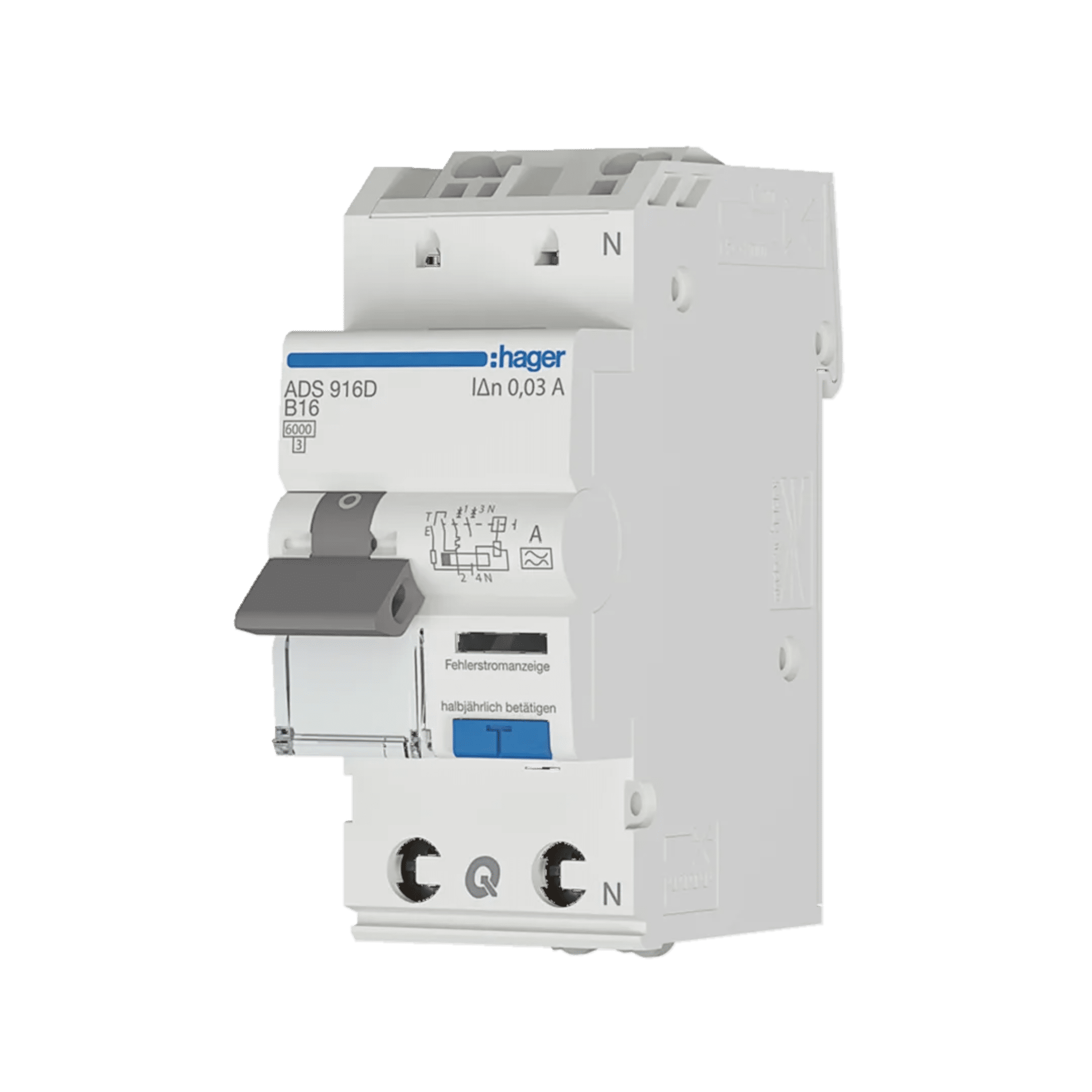 Hager ADS916D FI/LS-Schalter 1P+N, 6kA, B-Charakteristik, 16A, 30mA, Typ A, QuickConnect, Fehlerstrom-Leitungsschutzschalter