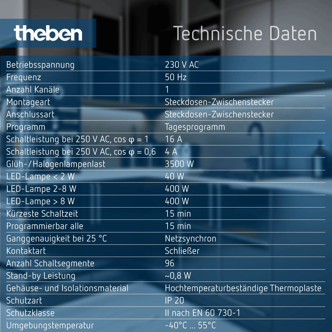 Datenblatt für Theben-timer 26, analoge Steckdosenschaltuhr, 1 Kanal, IP20, technische Details