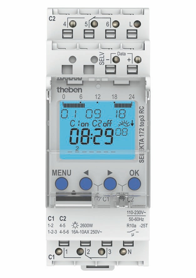 Theben 1720330 SELEKTA 172 top3 RC Digitale Zeitschaltuhr, Astro- und Wochenprogramm, 2 Kanäle, App-Programmierung möglich, DCF oder GPS