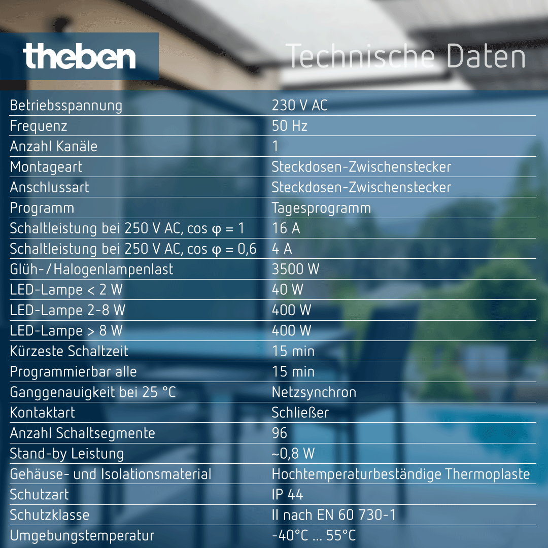 Theben Zeitprogrammstecker – Technische Details: IP44, 1 Kanal, Spritzwasserschutz